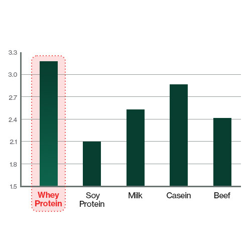 This graph shows that whey protein has the highest value compared to soy, milk, casein, and beef proteins, indicating its superior nutritional efficiency and absorption for the body.