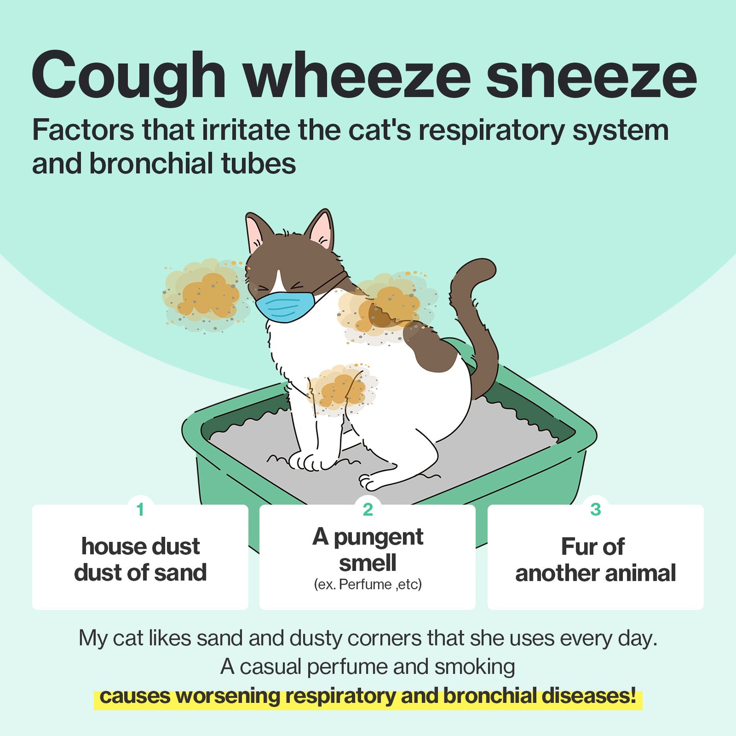 Environmental factors such as dust, strong odors, and other animals' fur can irritate a cat's respiratory system, leading to coughing, wheezing, and worsened bronchial diseases.