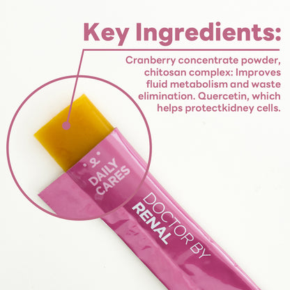 DOCTOR BY Renal features key ingredients like cranberry concentrate, chitosan complex for fluid metabolism and waste elimination, and quercetin for kidney cell protection.