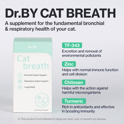 Dr. BY Cat Breath is a respiratory health supplement for cats, featuring TF-343, zinc, chitosan, and turmeric to support bronchial function, boost immunity, and help eliminate environmental pollutants.