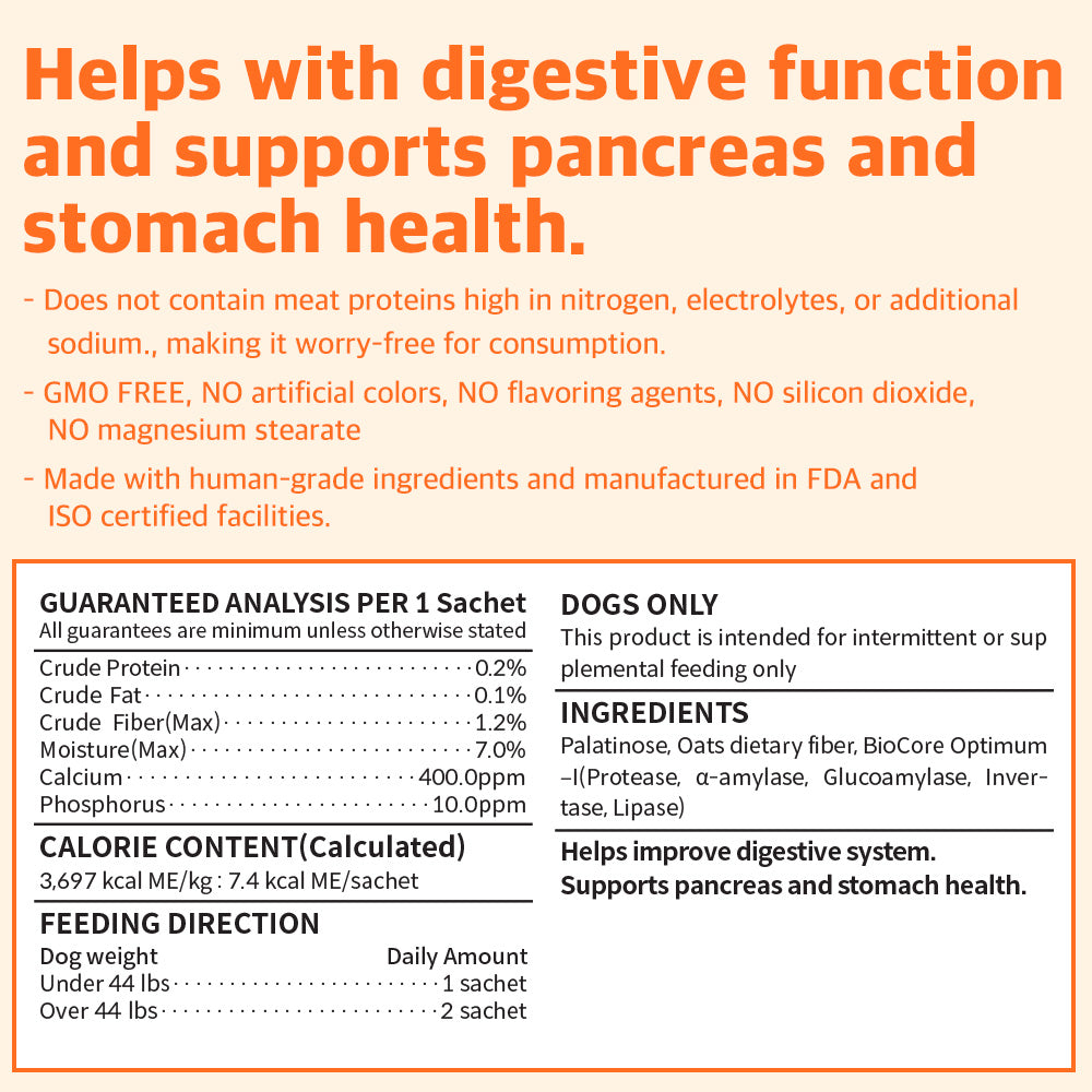 Dr. BY Enzyme supports digestive function, pancreas, and stomach health with GMO-free, human-grade ingredients, free from artificial colors, silicon dioxide, and additional sodium, ensuring safe and effective digestion for dogs.