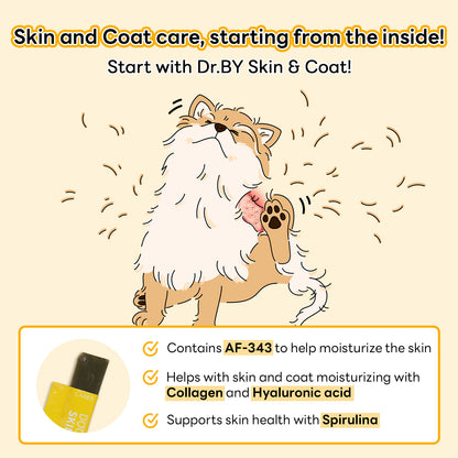 DOCTOR BY Skin & Coat supplement supports skin hydration, coat health, and itch relief with AF-343, Collagen, Hyaluronic Acid, and Spirulina for dogs.