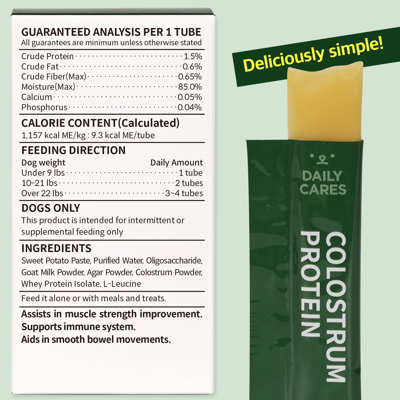 Colostrum Protein supplement for dogs supports muscle strength, immunity, and smooth bowel movements with high-quality ingredients like goat milk and whey protein.