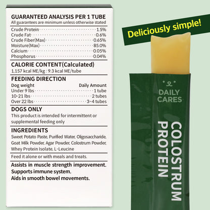 Colostrum Protein supplement for dogs supports muscle strength, immunity, and smooth bowel movements with high-quality ingredients like goat milk and whey protein.