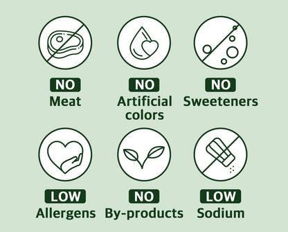 Dog supplement made with no meat, artificial colors, sweeteners, or by-products, and formulated with low allergens and sodium for safe, long-term consumption.