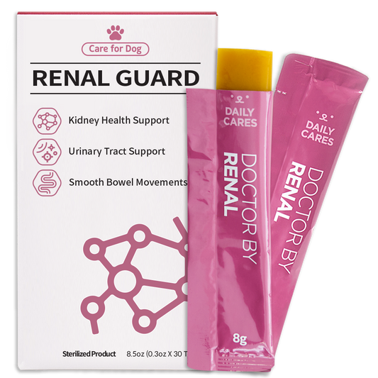 DOCTOR BY Renal Guard is a dog supplement designed to support kidney health, urinary tract function, and smooth bowel movements for overall well-being.