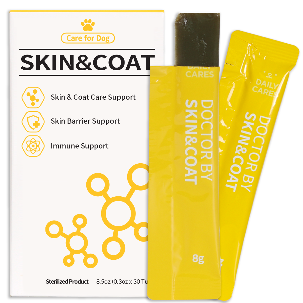 DOCTOR BY Skin & Coat is a premium dog supplement designed to support skin health, strengthen the skin barrier, and boost immunity for a healthy coat.