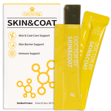 DOCTOR BY Skin & Coat is a premium dog supplement designed to support skin health, strengthen the skin barrier, and boost immunity for a healthy coat.