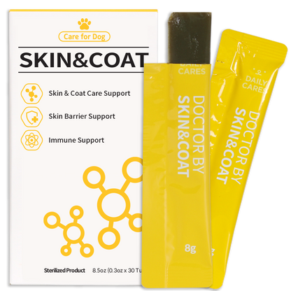 DOCTOR BY Skin & Coat is a premium dog supplement designed to support skin health, strengthen the skin barrier, and boost immunity for a healthy coat.