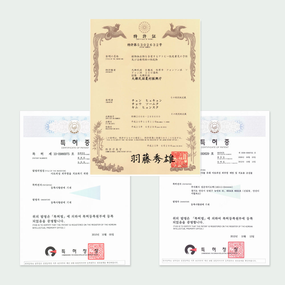 This image showcases official patent certificates for AF-343, a scientifically proven ingredient in Dr. BY Skin & Coat Soft Gel, designed to support dog skin health, itch relief, and coat hydration. These patents validate the efficacy and innovation behind pet skin care solutions.